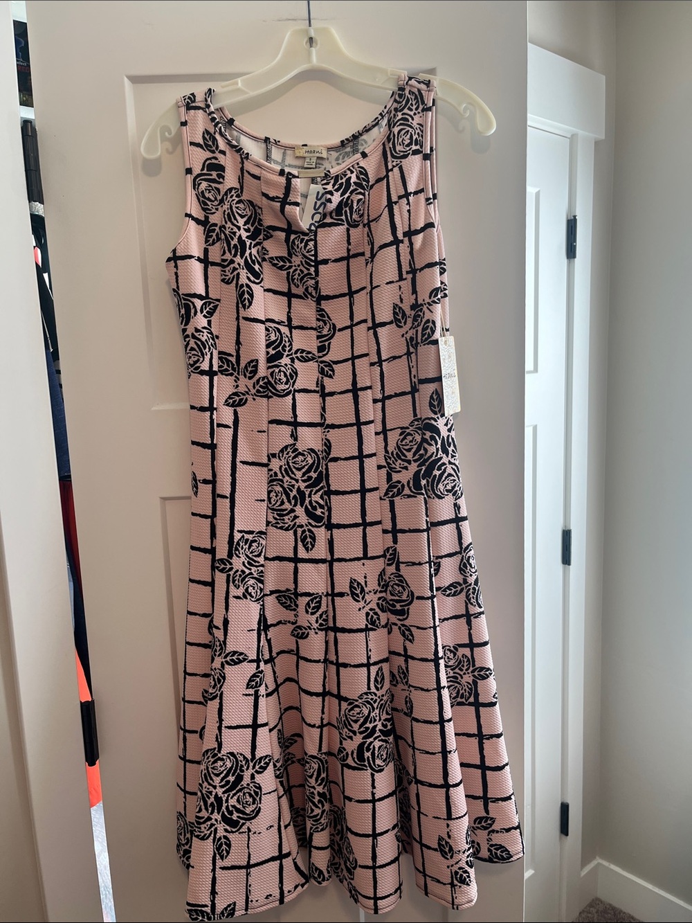 Haani Pink and Black Floral Grid A-Line Dress